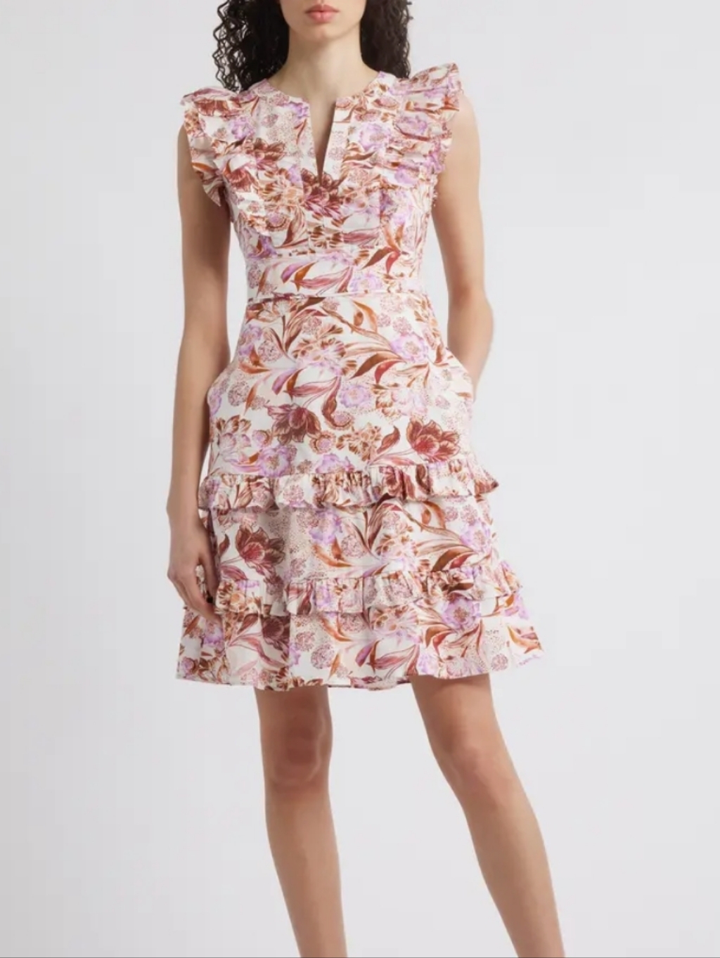 Eliza J Pink And Cream Floral Ruffled Fit-And-Flare Mini Dress